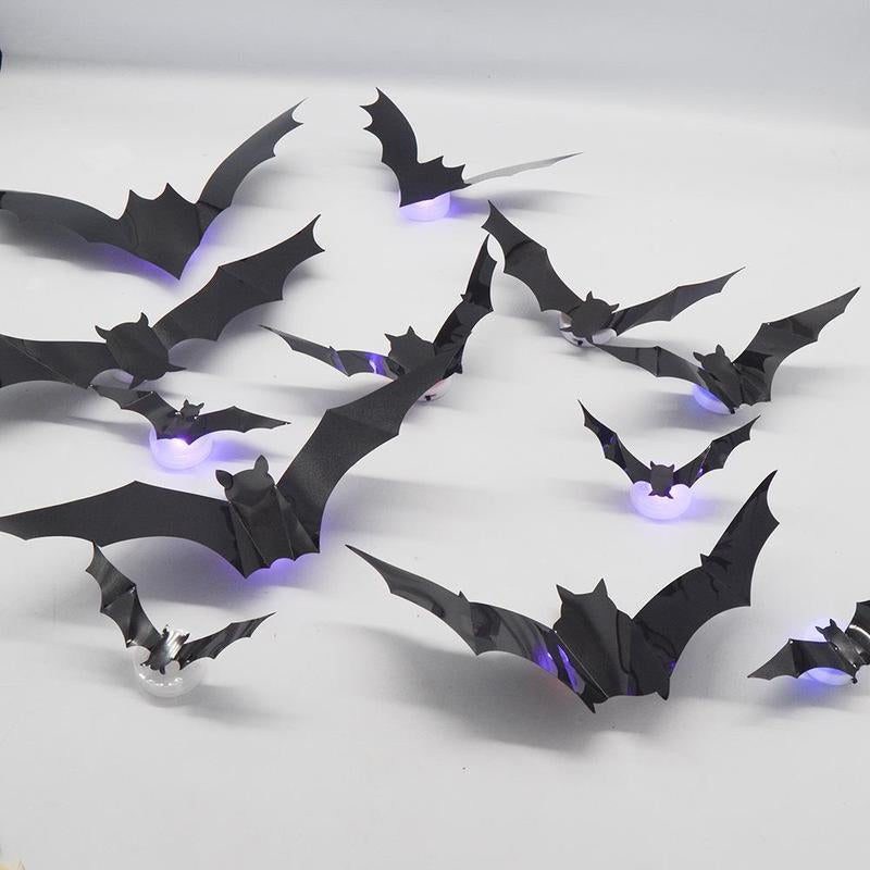 3D Bat Design LED Decoration, 12Pcs/Set Bat Shaped Wall Sticker, LED Lighted, Decorative Light for Home Party Festival, Halloween Decoration, Home Decor Ornament
