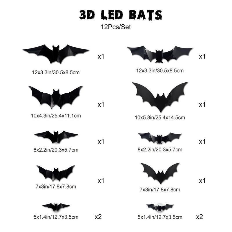 3D Bat Design LED Decoration, 12Pcs/Set Bat Shaped Wall Sticker, LED Lighted, Decorative Light for Home Party Festival, Halloween Decoration, Home Decor Ornament