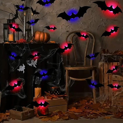 3D Bat Design LED Decoration, 12Pcs/Set Bat Shaped Wall Sticker, LED Lighted, Decorative Light for Home Party Festival, Halloween Decoration, Home Decor Ornament