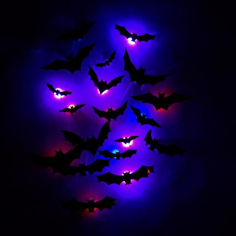 3D Bat Design LED Decoration, 12Pcs/Set Bat Shaped Wall Sticker, LED Lighted, Decorative Light for Home Party Festival, Halloween Decoration, Home Decor Ornament