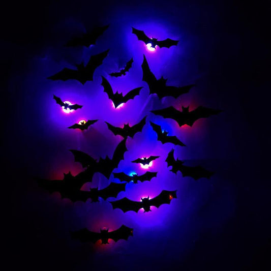 3D Bat Design LED Decoration, 12Pcs/Set Bat Shaped Wall Sticker, LED Lighted, Decorative Light for Home Party Festival, Halloween Decoration, Home Decor Ornament